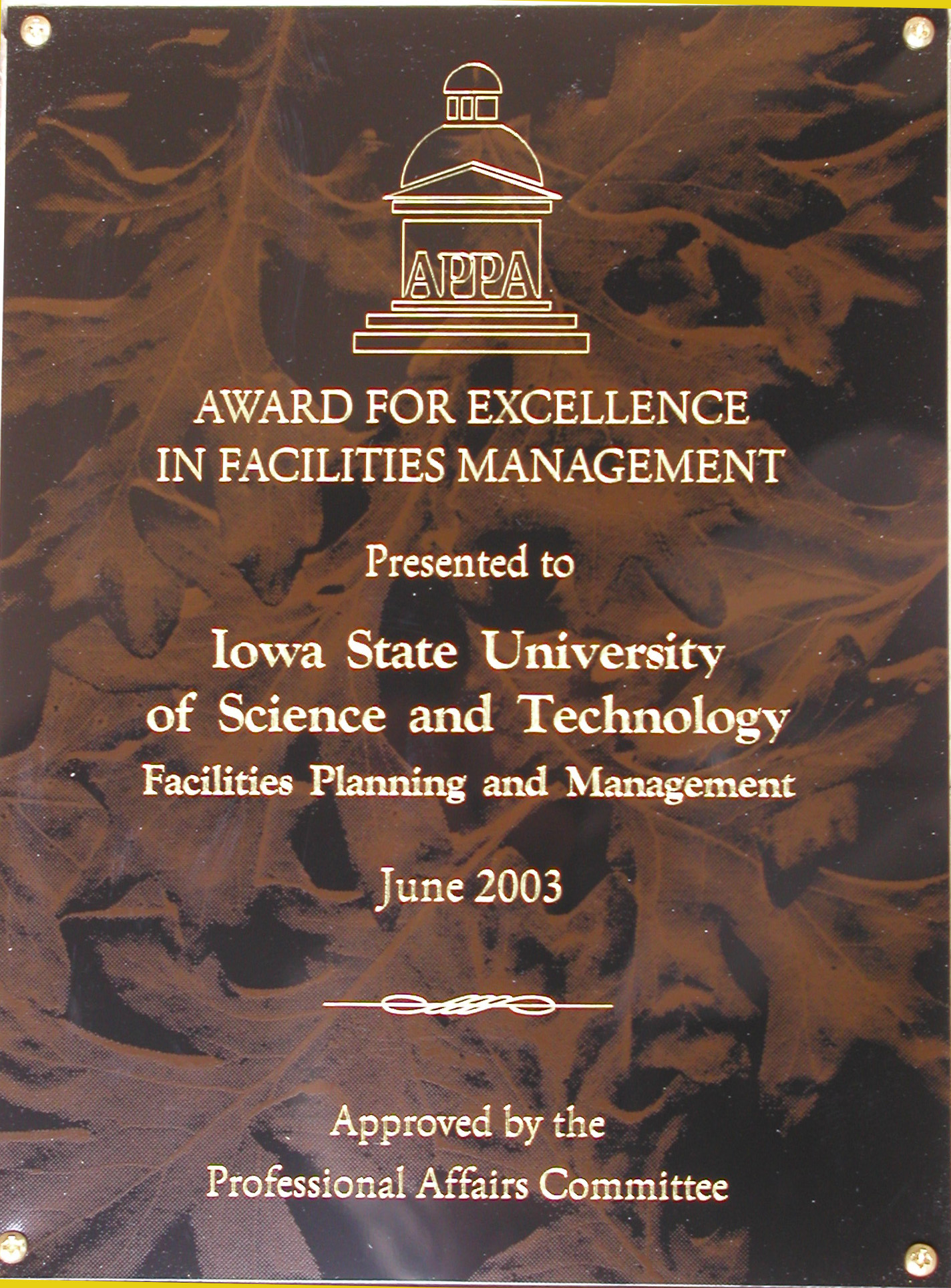 Photo of APPA award plaque