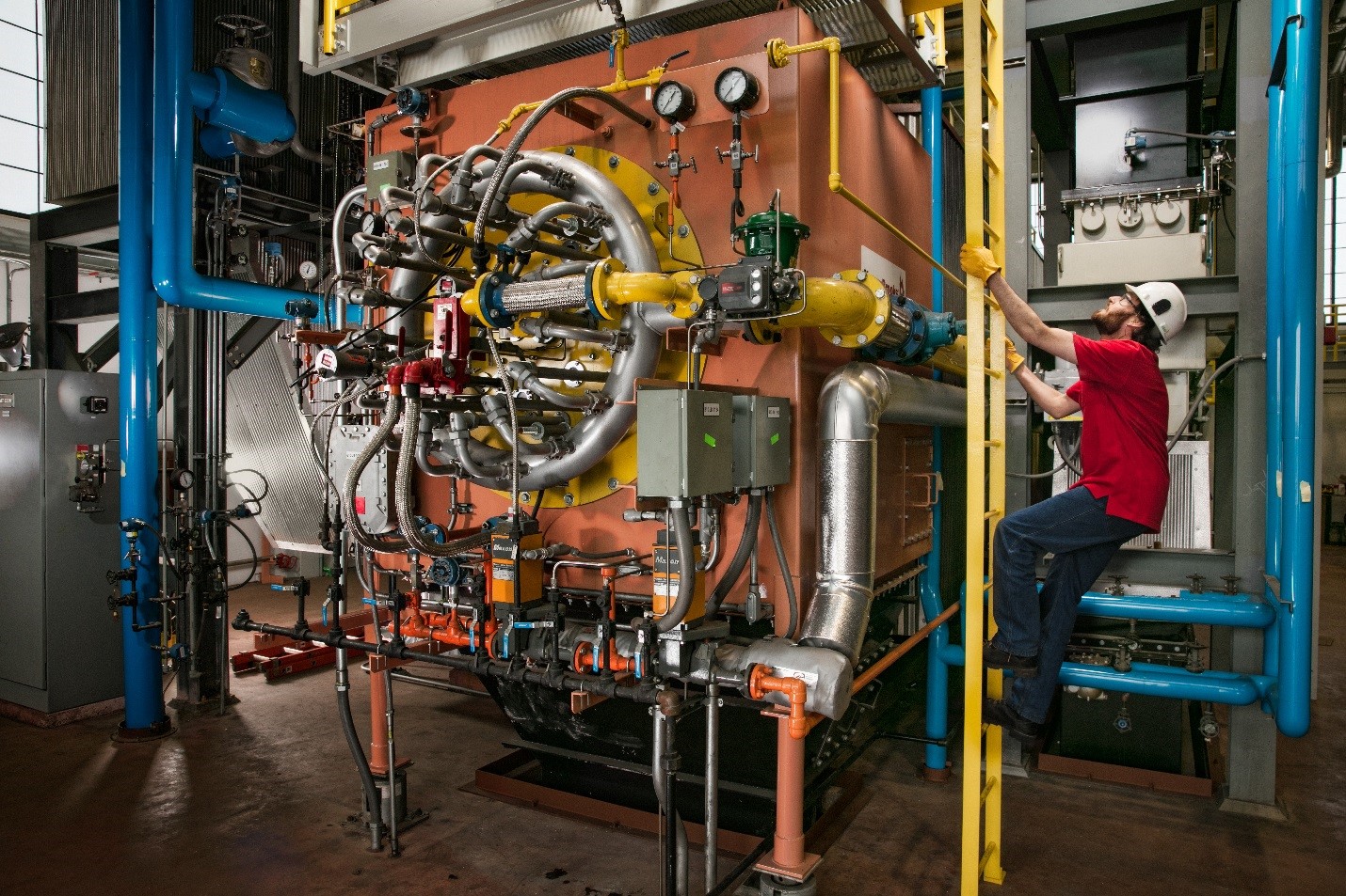 One of three natural gas boilers in the main power plant